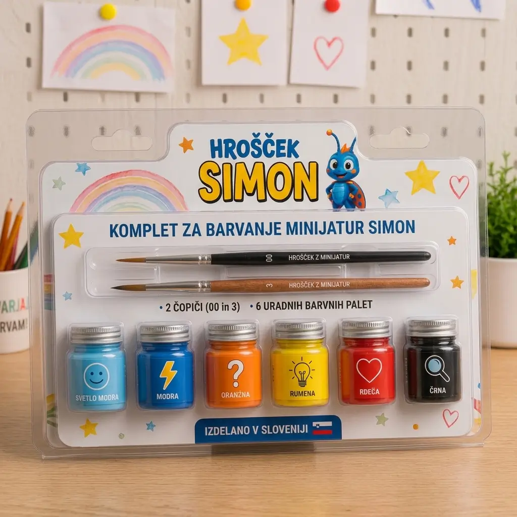 Komplet za barvanje Hrošček Simon — 2 čopiča in 6 barvnih lončkov v embalaži