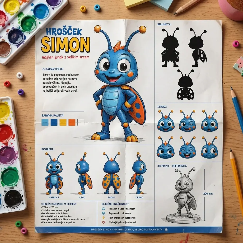 Referenčni list z likom Hrošček Simon, barvno paleto in izrazi